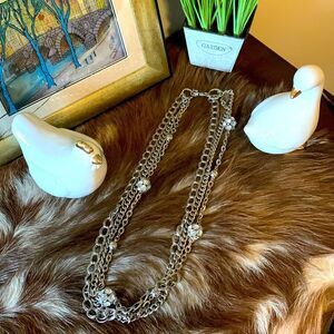 Three Chain Layered Long Necklace With Rhinestone Spheres